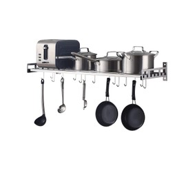 istBoom Wall Mounted Pots and Pans Rack with 16 Hooks, Stainless Steel Wall Shelf for Kitchen Bathroom Bedroom Pantry (36" by 12")