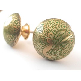 Set of 6 Brass Knobs by FFF - Kitchen Cabinet Pull knobs, Cupboard, Furniture, Drawer Handles - Green Brass Peacock KNOBS - Vintage Shabby Chic 36mm