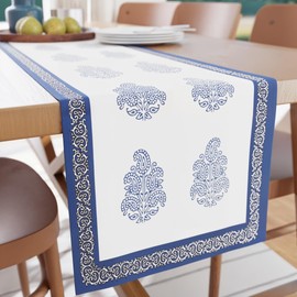 Encasa XO Dining Table Runner Indigo-01 Block Printed Cotton Canvas 32 x 150 cm Jaipur Sanganeri Hand Print