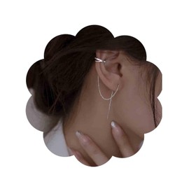 Aneneiceera Vintage CZ Circle Stud Earrings Silver Ring Helix Chain Earrings Long Chain Drop Earrings Long Chain Pull Through Earrings Bar Drop Earrings Jewellery for Women and Girls, Metal