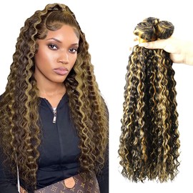 30 32 34 inch Vinmdonm P1B27 Highlight Bundles Human Hair Honey Blonde Deep Wave 3 Bundles Double Weft 2 Tone Black and Honey Blonde Bundle