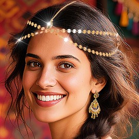 Catery Gold Sequin Head Chain Jewelry Gypsy Headpiece Festival Costume Accessories for Women