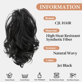CJL HAIR Claw Clip Short Ponytail Hair Extensions DIY Bendable Metals Messy Bun Hair Piece for Wonen Wavy Curly Synthetic Fake Hairpieces Jet Black