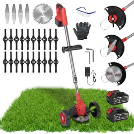 Cordless Weed Wacker, 2x2.5Ah Battery Powered Grass Trimmer, Electric Weed Eater with Wheels, 3-in-1 Electric Lawn Edger with 3 Types Blades Brush Cutter for Garden, Yard