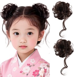 OTAKUMARKET Hair Bun Wig, Set of 2 with Curls, Scrunchy Type, Shichi-Go-San Yukata, Coming-of-Age Ceremonies, Graduation Ceremonies, Hakama, Hair Extension, Kimono Accessories, 4 Colors (Dark Brown)