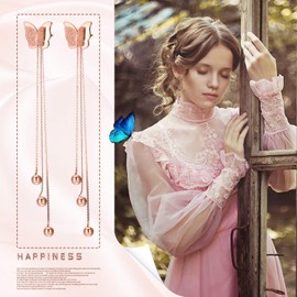Cupimatch Frosted Butterfly Stud Earrings,18K Rose Gold Plated Long Tassels Dangle Elegant Ear Pierced Earrings Gift for Women