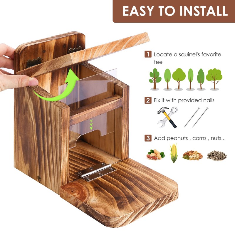 MIXXIDEA 2 PK Wooden Squirrel Feeder Box, Sturdy Squirrel Feeding