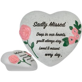 Sadly Missed Memorial Heart Ornament with Diamantes & Roses – Graveside Grave Decoration, Cemetery Ornament, Sympathy Gift for Mum Dad Nan Grandad – Funeral Remembrance Tribute Stone Effect Keepsake