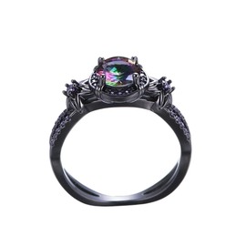 Gothic Black Retro Rings for Women Mystic Rainbow Topaz with Created Amethyst Flower Wedding Engagement Ring Gothic Black Gold CZ Amethyst Ring, No Gemstone