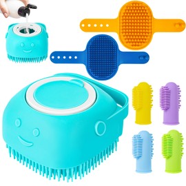 Ponpon 3PCS Dog Bath Brush with 4Pcs Toothbrush, Scrubber and Shampoo Brush with Adjustable Ring Handle, Shower Brush for Long and Short Hair