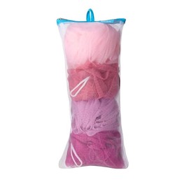 Bliss 4-Pack Shower Pouf Set with Mesh Bag - Pink