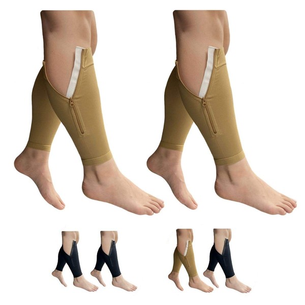 HealthyNees Shin Footless 20-30 mmHg Zipper Compression Leg Calf 2 Pairs Sleeve (Beige Combo, 5X-Large)