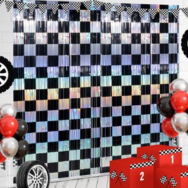 4 Pack 3.3Ft x 6.6Ft Race Car Checkered Foil Fringe Curtain Backdrop Decorations, Black Iridescent Metallic Tinsel Foil Streamers Curtain Photo Booth for Race Car One Happy Dude Birthday Party Decor