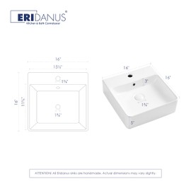 16" x 16" Bathroom Sink Vessel Rectangular, Eridanus Wall Mount Sinks Countertop Floating Basin with Overflow, White Ceramic Trough Wall Hung Space Saving Square Small Cloakroom Tiny Lavatory