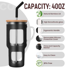 COMOOO 40oz Glass Tumbler with Bamboo Lid and Straw, Glass Water Cup with Handle, Iced Coffee Drinking Cup with Silicone Sleeve, Glass Tumbler Dishwasher Safe, Cup Holder Friendly, Black