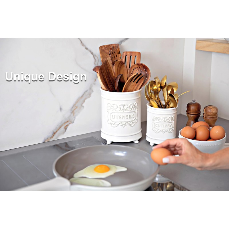 Large 7.3"+5.4" Elegant Ceramic Utensil Holder for Countertop, Cooking Utensils