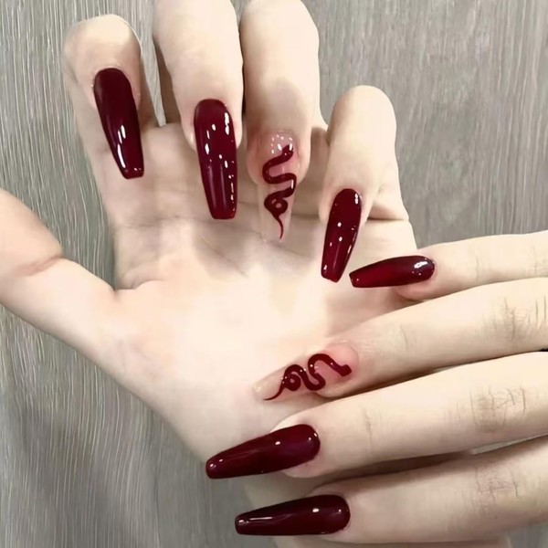 Red Press on Nails Medium Coffin Fake Nails with Designs