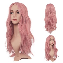 FESHFEN Long Wavy Pink Wigs for Women, 22 Inch Middle Parting Natural Looking Synthetic Hair Fashion Curly Wig for Party Cosplay Daily Use