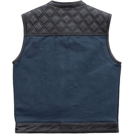 OUTFITIX Mens Western Denim Leather Motorcycle Combo Club Collar Vest with White Stitching Light Weight (Medium, Black/Blue)