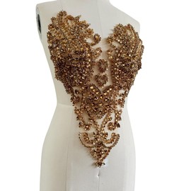 Handmade Shinning Rhinestones lace Applique Pure handsewing Beads Crystal Sequins Trim Patches Perfect Decoration Accessories (Champagne)