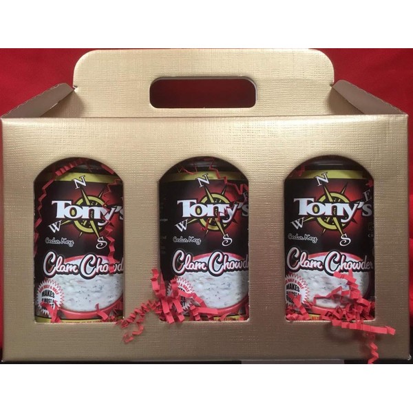 Tony’s Clam Chowder, 3X World Champion, 3 Window gable box With (3) 15oz Cans of Tony’s Chowder