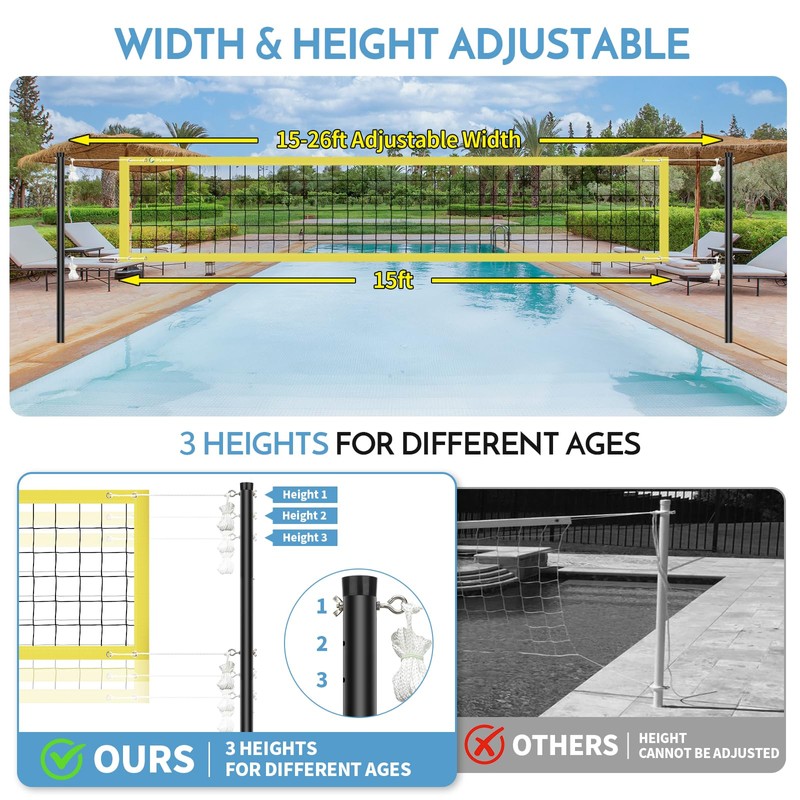 Inground Pool Volleyball Net Set with Max 26 FT Adjustable