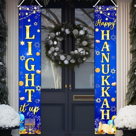 Avezano Happy Hanukkah Banner Hanukkah Chanukah Door Decorations Light It Up Hanging Porch Banner Blue Welcome Sign for Home Holiday Hanukkah Party