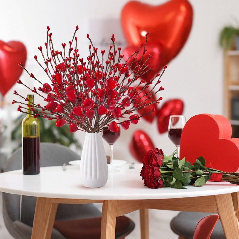 12PCS Valentines Day Decorations Flowers Artificial Berry Floral,Red Valentine Heart