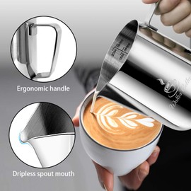 Frothing Pitcher, Walfos 20 Oz / 600 ml Stainless Steel Coffee Milk Frother with Measurement & Decorating Art Pen, Perfect for Coffee Espresso Cappuccino and Latte Art