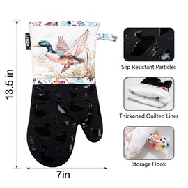 Alselo Oven Mitts, Heat Resistant with Soft Quilted Cotton Lining Set of 2, Fashion Duck Design with Silicone Printing Anti-Slip Kitchen Gloves for Safe Backing Cooking Barbecue (Darkgray, Duck)