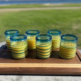 Dos Sueños Hand Blown Mexican Drinking Glasses – Set of 6 Tumbler Glasses with an Aqua Spiral Design (10 oz each)