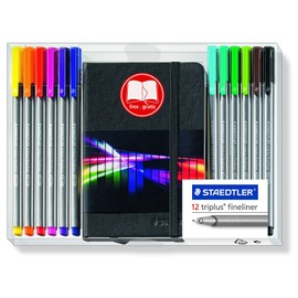 Staedtler Triplus 334 NB12 Fineliner 'Rainbow Line' Triangular 0.3 mm Pack of 12 with Free Notebook