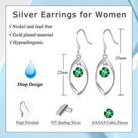 Zolkamery Silver Dangle Earrings for Women, 925 Sterling Silver Drop Earrings with Green 5A Zircon, Teardrop Twist Drop Earring, White Gold Hook Dangly Earrings mit Gifts Box for Ladies Girls Mother