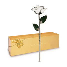 Forever Rose Real Snow White Rose with Platinum Trimmed Petals and Platinum Stem, Handcrafted Preserved Rose in Luxury Gold Gift Box, Romantic Gift for Her, Elegant Gift for Any Occasion