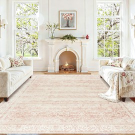 BILEEHOME Pink Washable 9x12 Area Rugs for Living Room Big Girls Bedroom Blush Pink Low Pile Soft Non Slip Neutral Boho Floral Extra Large Area Rug for Nursery Playroom Dining Room,9 by 12