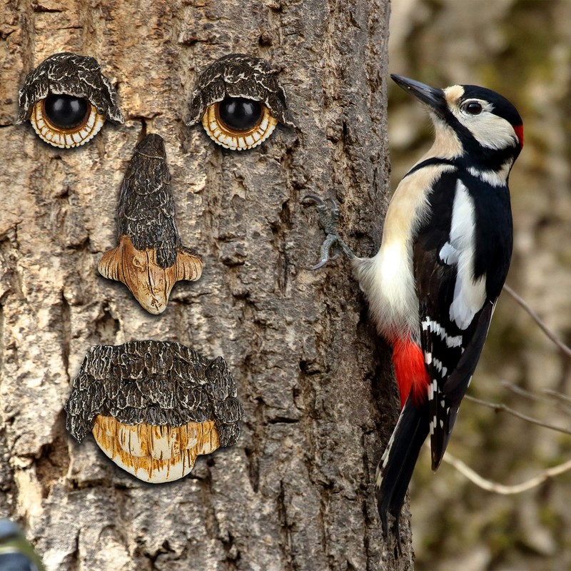 Relaxdays Tree Face Nature Spirit, 4 Pieces, Tree Trunk Decoration,
