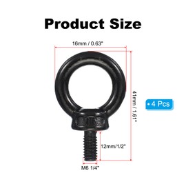 PATIKIL Lifting Eye Bolts M6 X12mm / 1/4" x 1/2", 4 Pcs 304 Stainless Steel Shoulder Ring Threaded Screw Machinery Shoulder Eyebolt for Lifting Hanging, Black