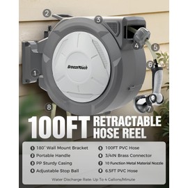 Breeze Touch Retractable Garden Hose Reel 1/2" x 100ft, Wall Mounted Water Hose Reel for Outside with 10-Pattern Nozzle, Hose Reel Wall Mount with Any Length Lock, Slow Return, For Yard Lawn
