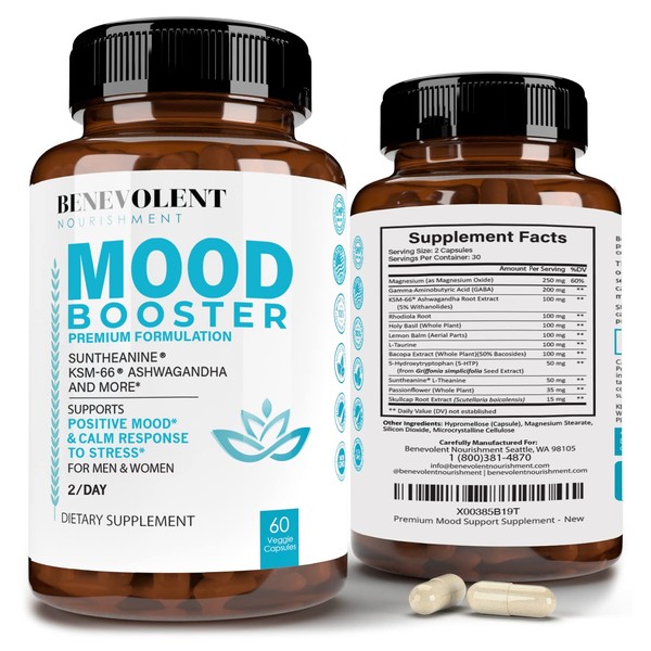 Calm Mood Booster Supplement - Natural Happy Pills for Stress, Sleep & Mood Support - Patented KSM-66® Ashwagandha & Suntheanine® L-Theanine, Rhodiola Rosea, Magnesium & More - 60 Veggie Capsules