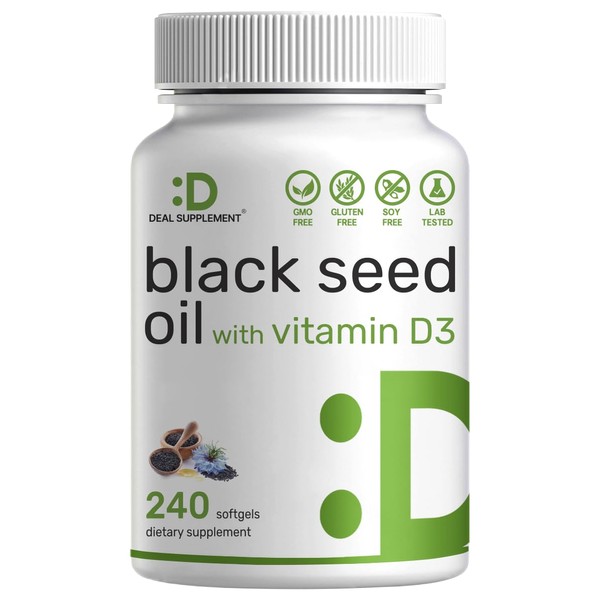 Black Seed Oil, 240 Softgels – Cold-Pressed Nigella Sativa, Naturally Occurring Thymoquinone (TQ) – Non-GMO, No Gluten – Black Cumin Seed Liquid Capsules with Vitamin D3