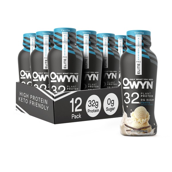 OWYN Pro Elite Vegan Plant-Based High Protein Shake, Vanilla, 12 Pack, 32g Protein, Amino Acids, Prebiotics, Omega-3, Superfood Greens, Workout and Recovery, 0g Net Carbs, Zero Sugar, Keto