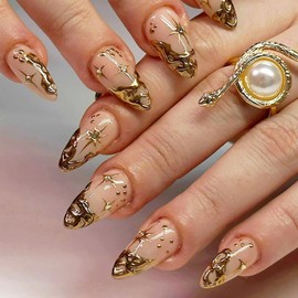 NICENEEDED 30PCS Gold French Tip Press on Short Nails 3D Irregularity Glue on Nail Nude Glossy Full Cover Stick on Nails for Women Manicure Art