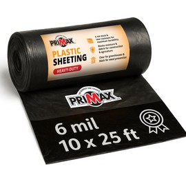 PRIMAX 6 mil Plastic Sheeting (10'x25')– Waterproof, UV Resistant, Heavy Duty Thick Plastic Sheeting Roll for Weed Barrier, Moisture, Vapor Barrier, Construction Film, Lumber Tarp, Ground Cover, Black