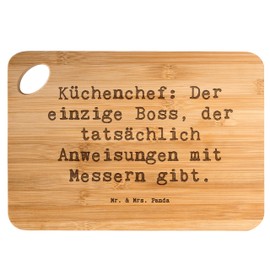 Mr. & Mrs. Panda Bambus - Schneidebrett Spruch Küchenchef: Der einzige Boss, der tatsächlich Anweisungen mit Messern gibt. - Geschenk, Liebe,
