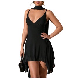 SOLY HUX Women's Deep V Neck Ruffle Mesh Dress Spaghetti Strap Asymmetrical Mini Dresses with Scarf Solid Black Large
