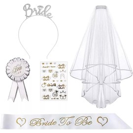 AivaToba Juego de 5PCS Banda Nupcial, Accesorios de Fiesta para Mujer, Incluye Banda, Tiara y Velo de Novia, Broches y Pegatinas, Ideal para Mujer para Boda, Despedida de Soltera