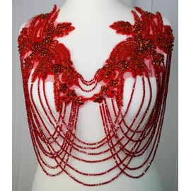 Feathers Creation Ltd Rhinestone Applique with Chains and Motif Applique for Dance Costume,Rhinestone Bodice for Wedding Dress,Ball Gown Colourfull Sew on Costume Design Acessories (Red)