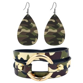 Bmpzery Camo Earrings for Women & Men, Camouflage Bracelet & Earrings Set - 3 Piece Black White Camo & Cheetah Leather Wrap Jewelry, Adjustable Boho Outdoor Stackable Unisex Gift