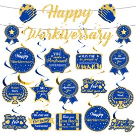 Frakron Blue Happy Work Anniversary Banner decorations Navy Blue Gold Happy Workiversary Banner Office Anniversary Party Hanging Swirls Banner for Employee Worker Office Party Decor Supplies