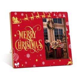 Merry Christmas Picture Frame, Winter Holiday Decorations Gifts, Santa, Reindeer and Sleigh Photo Frame Signs, Red Wooden Tabletop Photo Frame With Stand, Christmas Frame Gifts for Family Friends -C13